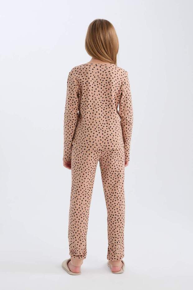 Kız Çocuk Pijama Takımı Fitilli Kaşkorse Desenli Bisiklet Yaka Uzun Kollu Üst Uzun Alt D7748a8 - 7