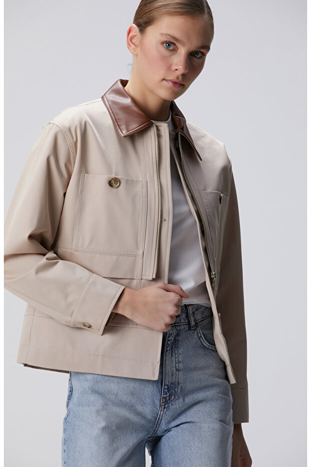 Açık Bej Kısa Pardösü - 1