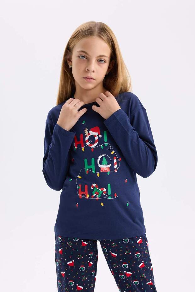 Kız Çocuk Yılbaşı Temalı Pijama Takımı Uzun Kollu Üsr Esnek Belli Uzun Alt D9824A824WN - 3