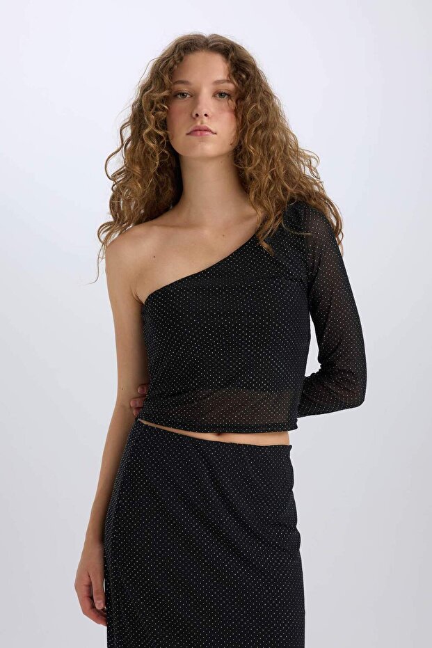 Fitted Tek Omuzlu Tül Uzun Kollu Tişört E1869AX24WN - 4