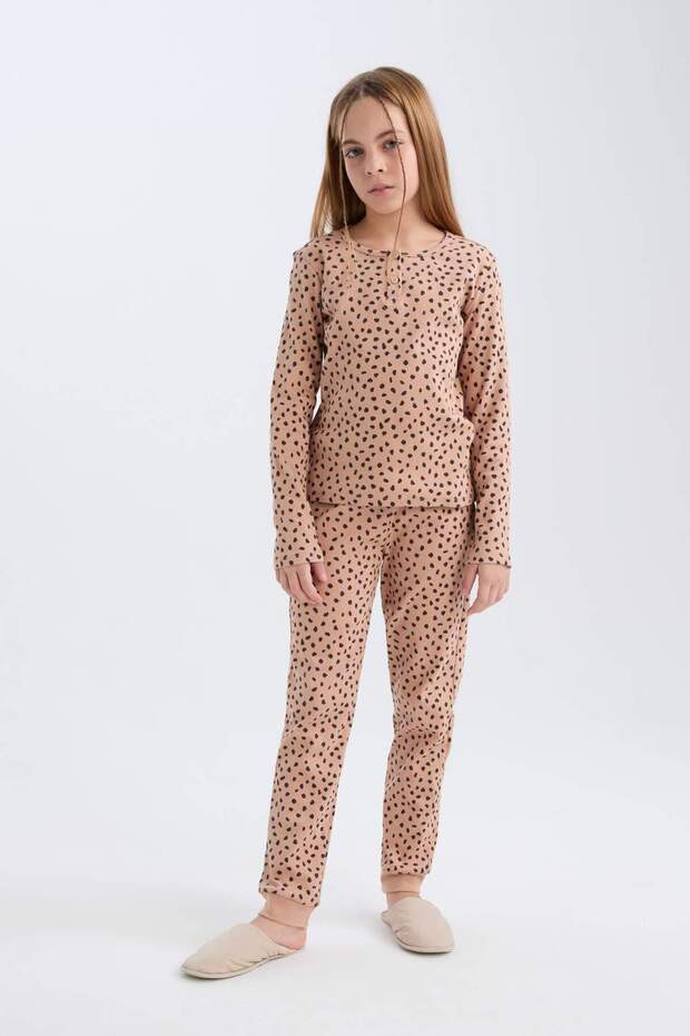 Kız Çocuk Pijama Takımı Fitilli Kaşkorse Desenli Bisiklet Yaka Uzun Kollu Üst Uzun Alt D7748a8 - 3