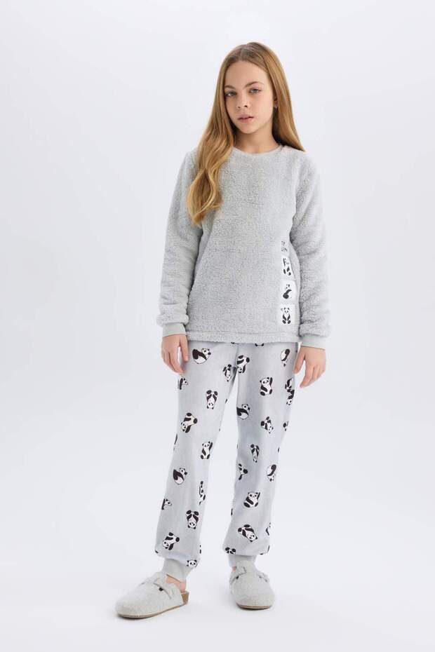 Girls' Plush Pajamas Set - Crew Neck, Printed Long Sleeve, Elastic Waist Long Bottom B1487A824A