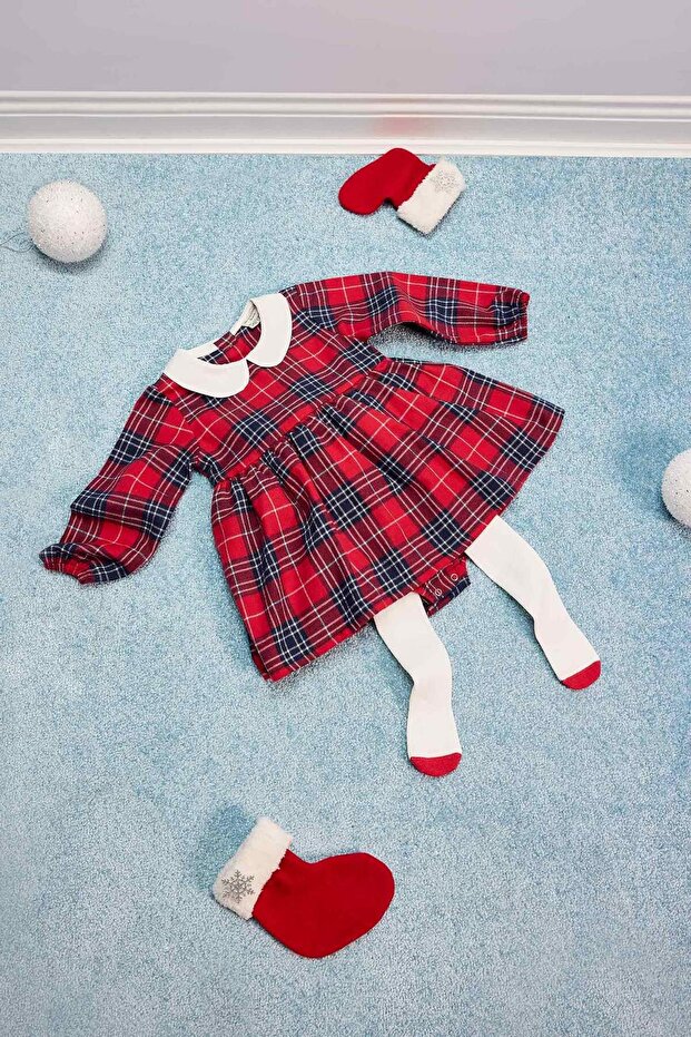 Baby Girl Newborn Christmas Themed 2-Piece Set Bebe Collar Checkered Flannel Dress Pantyhose D6513A524 - 6