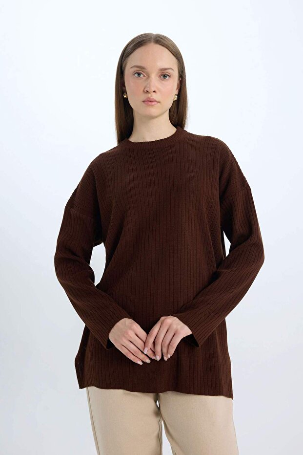 Relax Fit Bisiklet Yaka Basic Düz Triko Tunik Kazak E2938AX24WN - 3