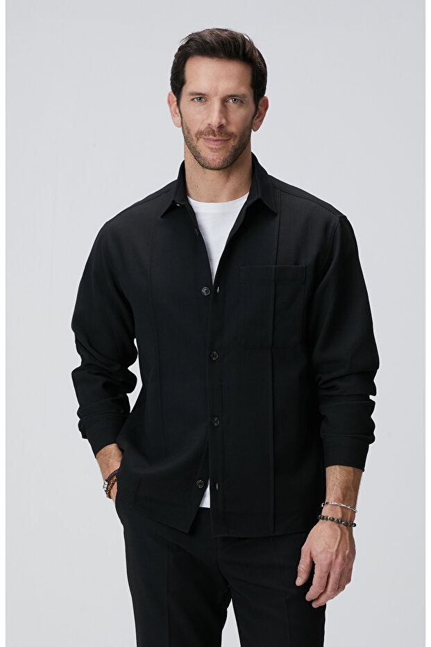 Siyah Yün Karışımlı Dış Ceket - 2