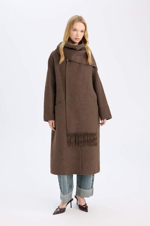 Long Wool Blend Stamp Coat and Shawl Set of 2 - Pockets and Buttons D4000Ax24Wn - 2