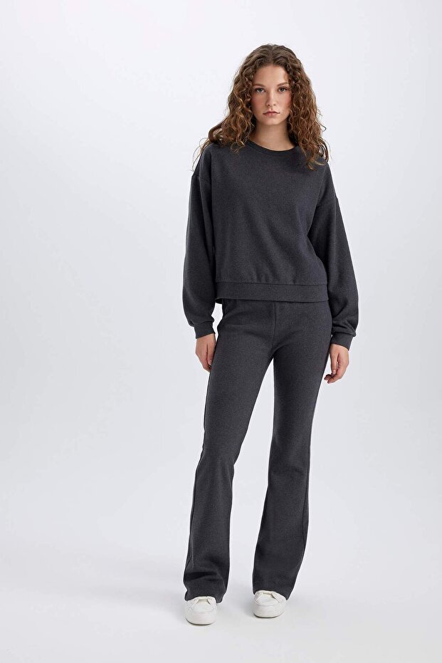 2-Piece Set Basic Plain Crew Neck Top Flexible Waist Long Bottom E3841Axns - 2