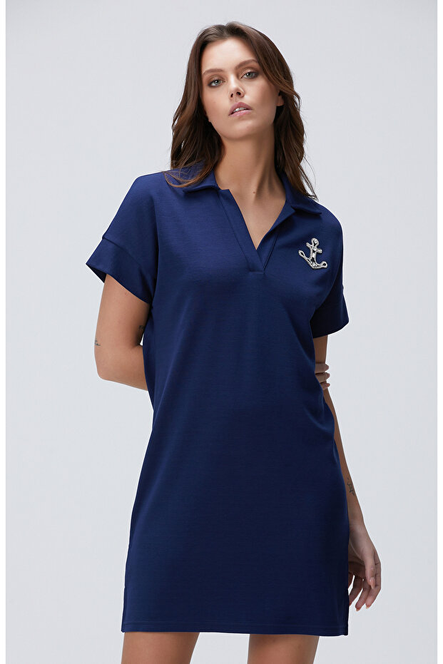 Lacivert Mini Elbise - 1