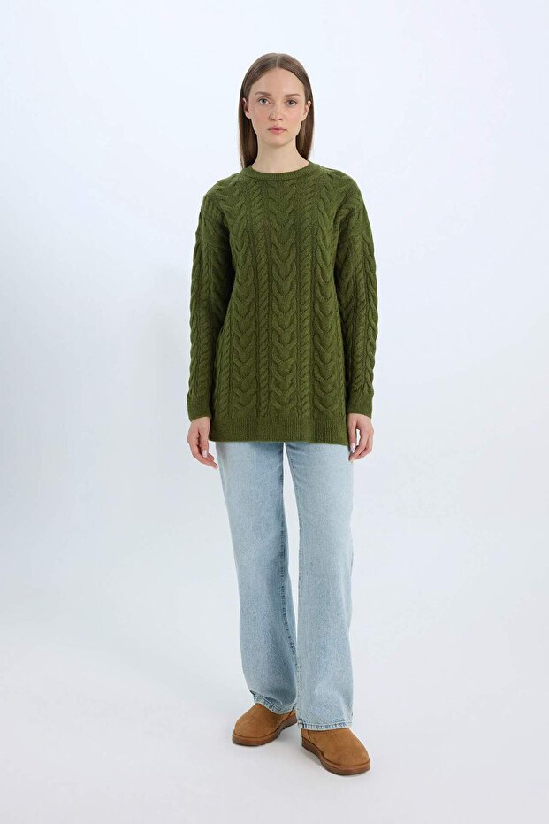 Regular Fit Bisiklet Yaka Saç Örgü Desenli Triko Kazak Tunik B4284AX24WN - 2