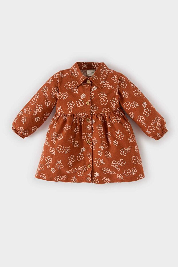 Kız Bebek Çiçekli Uzun Kollu Pazen Elbise D7428A524WN - 1