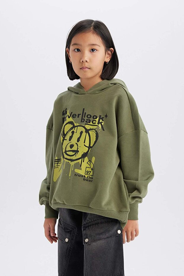 Kız Çocuk Oversize Geniş Kalıp Kapüşonlu Baskılı Sweatshirt D1567A824WN - 4