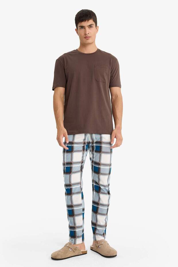 Regular Fit Pijama Takımı Bisiklet Yaka Uzun Kollu Üst Kareli Uzun Alt D8213AX24WN - 1