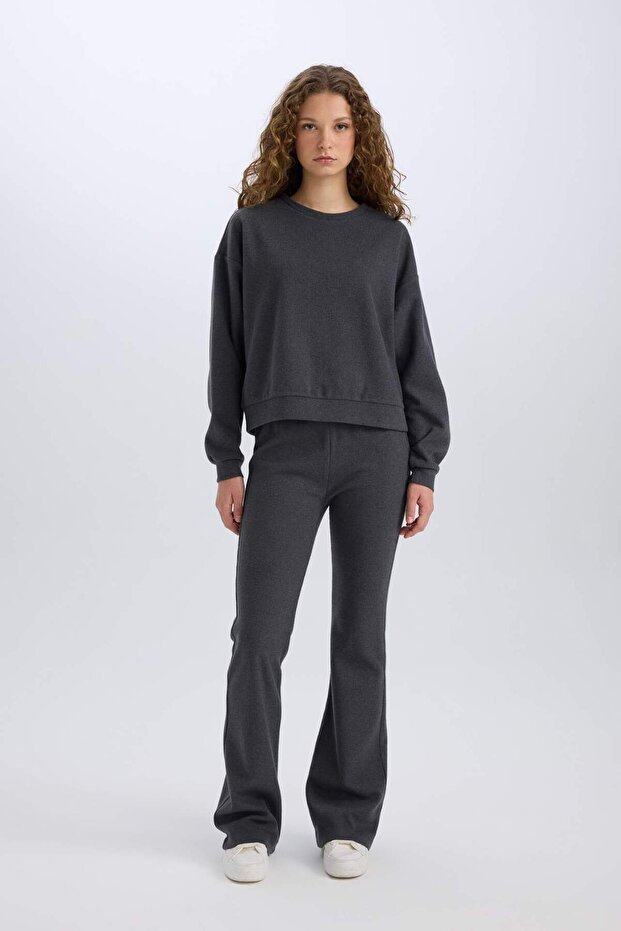 2-Piece Set Basic Plain Crew Neck Top Flexible Waist Long Bottom E3841Axns - 1