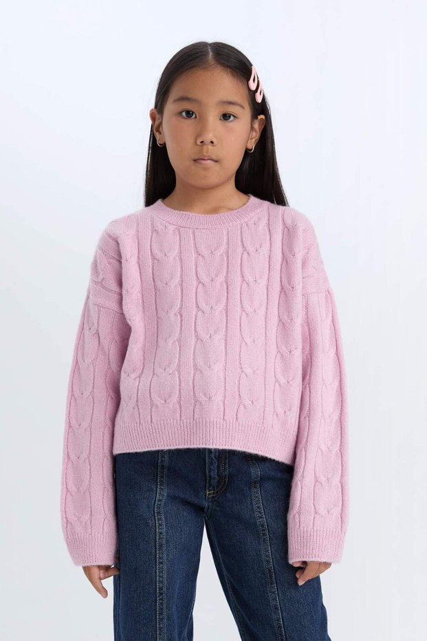 Girl's Crop Crew Neck Hair Braided Knitwear Sweater C9731A824Au