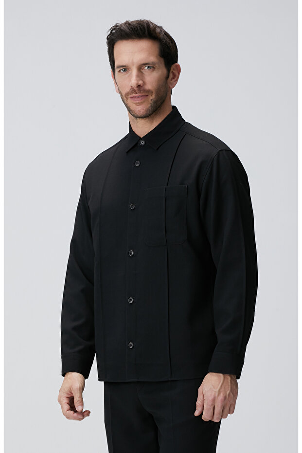 Siyah Yün Karışımlı Dış Ceket - 5