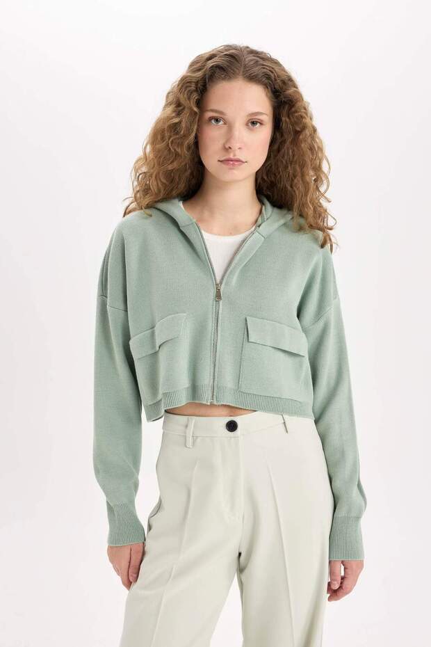 Regular Fit Kapüşonlu Basic Düz Fermuarlı Triko Hırka E2270AXNS - 1