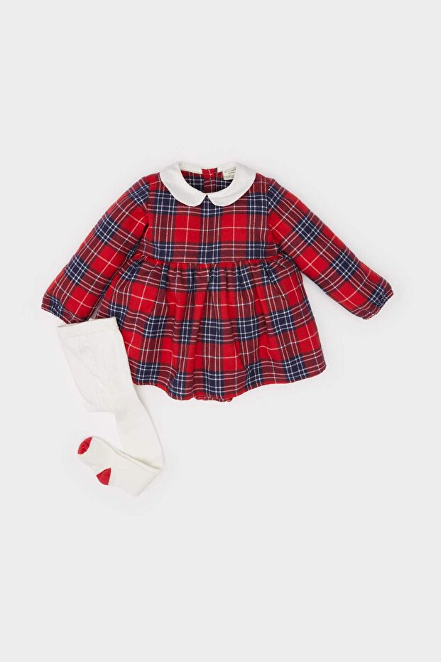 Baby Girl Newborn Christmas Themed 2-Piece Set Bebe Collar Checkered Flannel Dress Pantyhose D6513A524 - 1