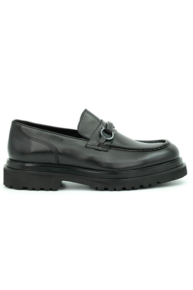 Genuine Leather Thick Sole Loafer Black Men's Shoes - 3042