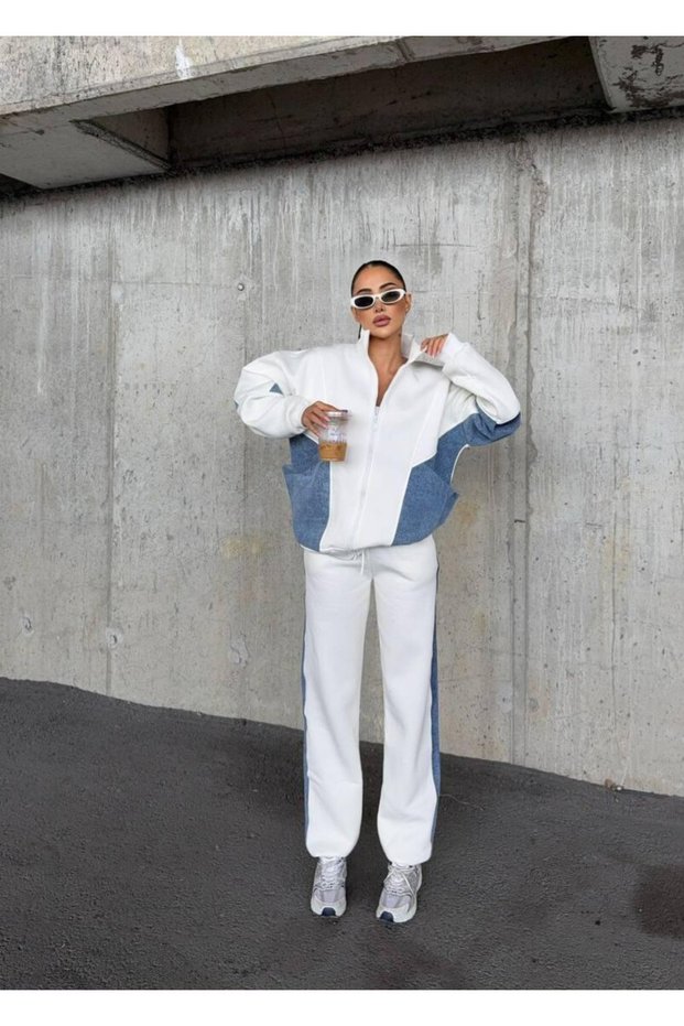 Women's White Denim Detailed Comfortable Fit Thick Fabric Winter Tracksuit Set Bottom Top Set