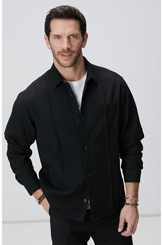 Siyah Yün Karışımlı Dış Ceket - 1