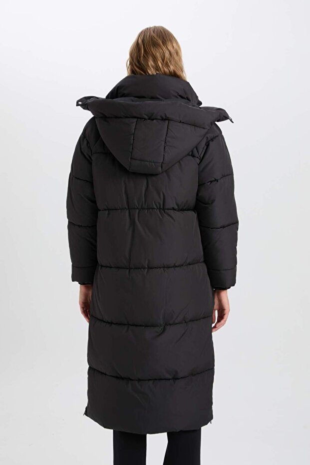 Su Geçirmez Uzun Şişme Mont Parka Isı Yalıtımlı Kapüşonlu Kapitoneli Fermuarlı Cepli A2362AX24CW - 8