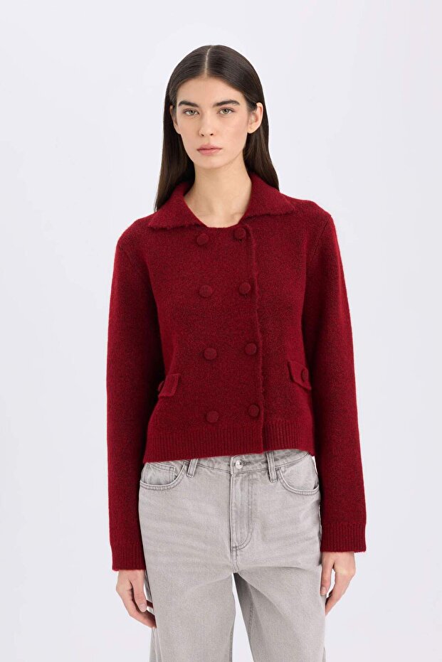 Regular Fit Polo Yaka Basic Düz Düğmeli Triko Hırka E2289AX24WN - 3