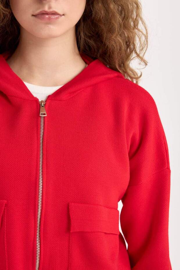 Regular Fit Kapüşonlu Basic Düz Fermuarlı Triko Hırka E2270AXNS - 4