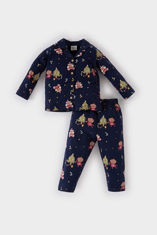 Erkek Bebek Pijama Takımı Yılbaşı Temalı Uzun Kollu Üst Beli Lastikli Uzun Alt D7144A524WN - 1