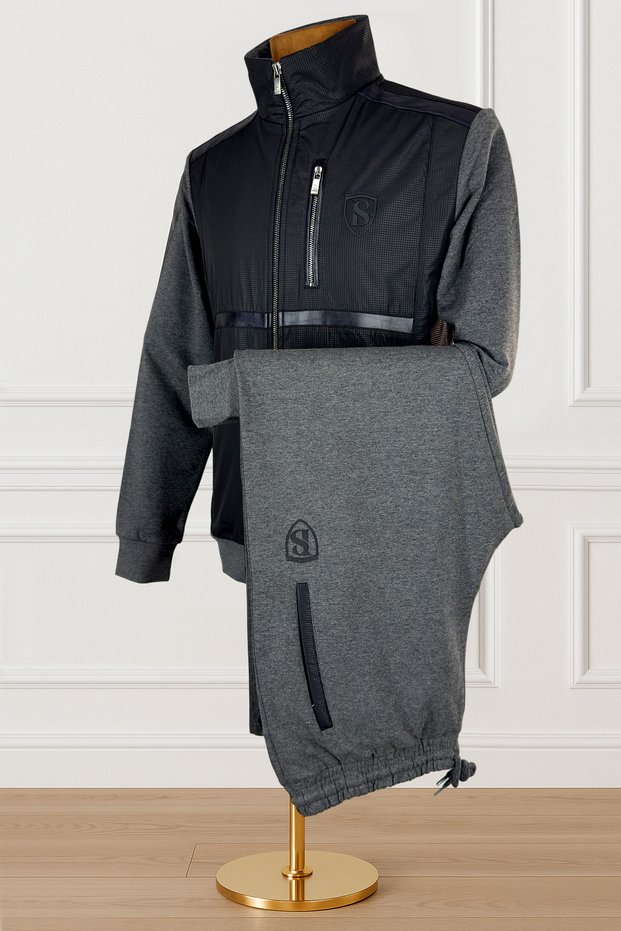 Smoked Stand Collar Tracksuit Set Parachute Fabric Detailed Zippered Pocket Straight Leg Men's