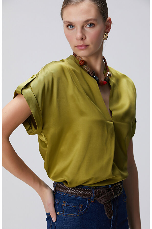 Yağ Yeşili Viskon Bluz - 2