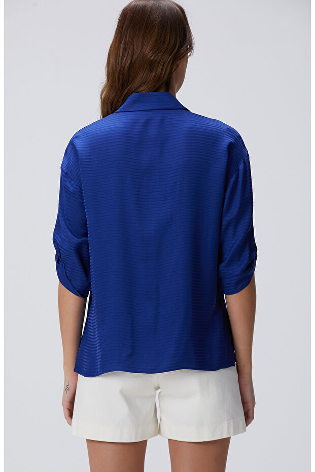 Saks Çizgi Desenli Gömlek - 5