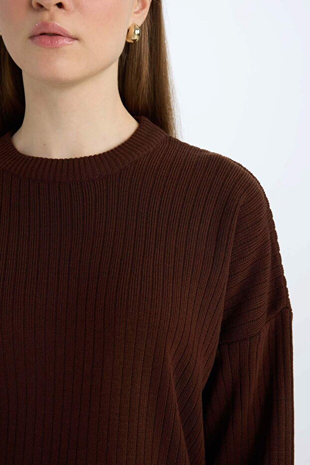 Relax Fit Bisiklet Yaka Basic Düz Triko Tunik Kazak E2938AX24WN - 4