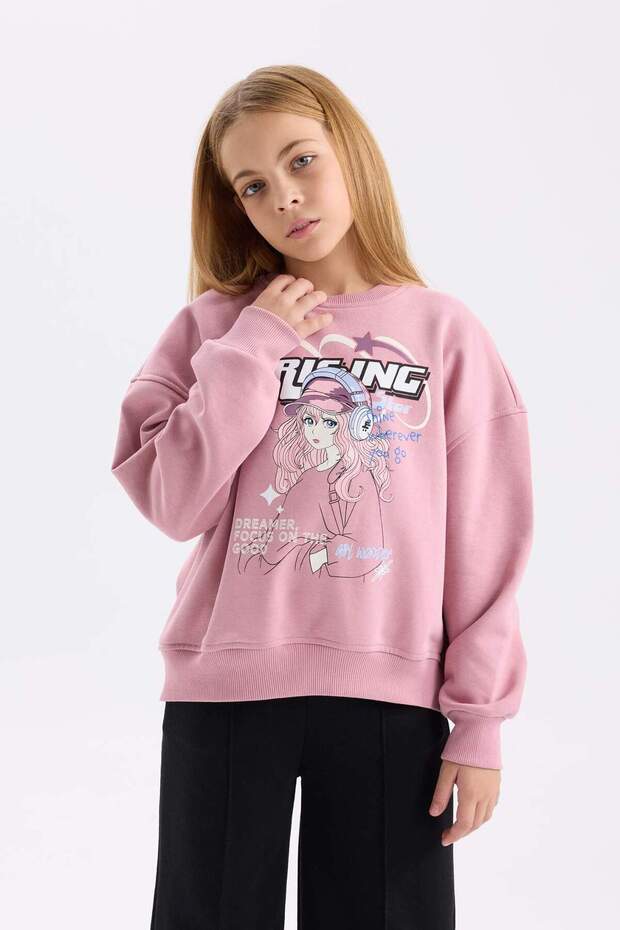 Girl's Oversize Wide Fit Crew Neck Animal Pattern Sweatshirt D6989A824Wn