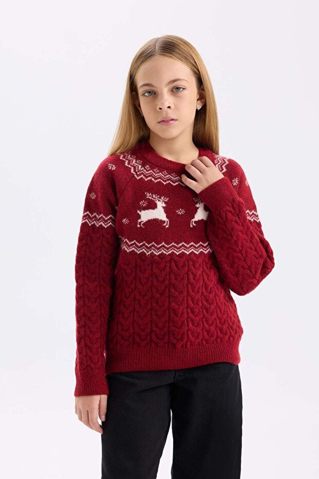 Kız Çocuk Bisiklet Yaka Yılbaşı Temalı Triko Kazak D2672A824WN - 6