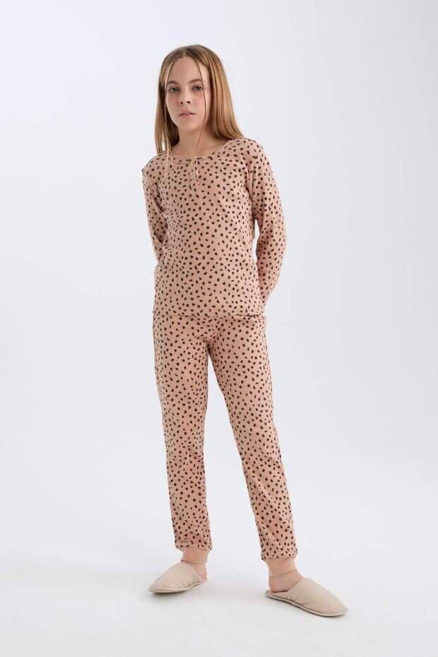 Kız Çocuk Pijama Takımı Fitilli Kaşkorse Desenli Bisiklet Yaka Uzun Kollu Üst Uzun Alt D7748a8 - 2