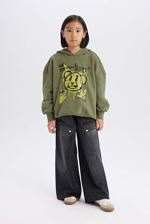 Kız Çocuk Oversize Geniş Kalıp Kapüşonlu Baskılı Sweatshirt D1567A824WN - 2