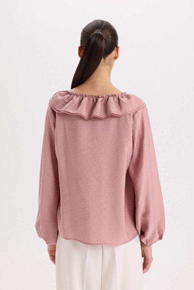 Regular Fit Fırfırlı V Yaka Basic Düz Uzun Kollu Bluz E3393AX24WN - 6
