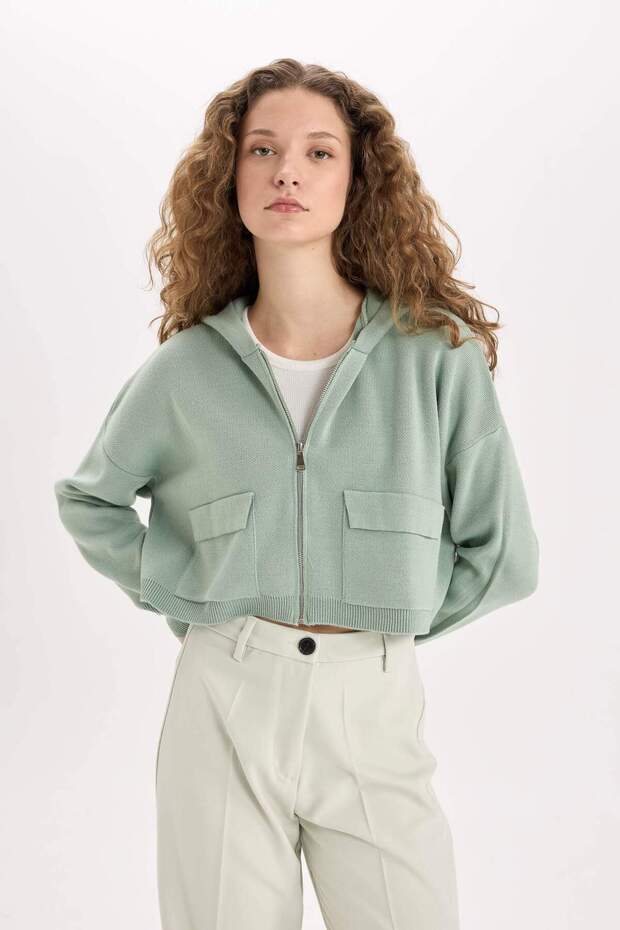 Regular Fit Kapüşonlu Basic Düz Fermuarlı Triko Hırka E2270AXNS - 4