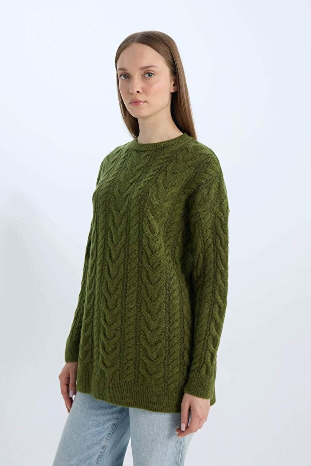 Regular Fit Bisiklet Yaka Saç Örgü Desenli Triko Kazak Tunik B4284AX24WN - 3