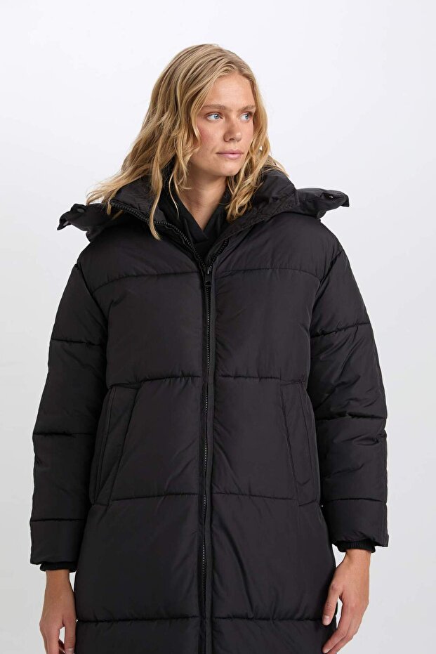 Su Geçirmez Uzun Şişme Mont Parka Isı Yalıtımlı Kapüşonlu Kapitoneli Fermuarlı Cepli A2362AX24CW - 3