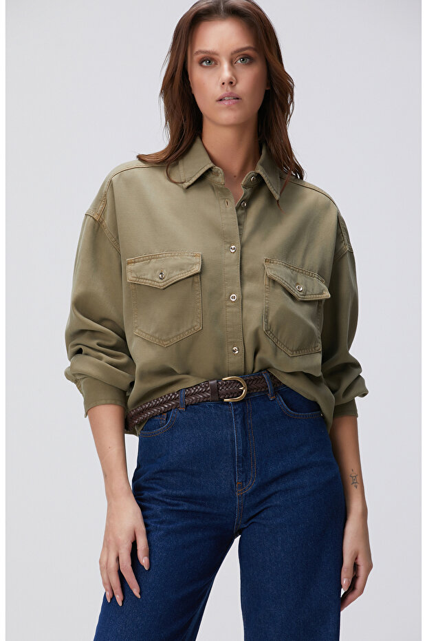 Haki Denim Gömlek - 4
