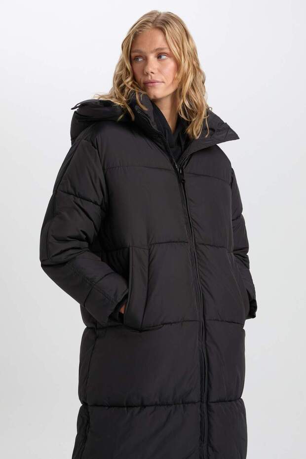 Su Geçirmez Uzun Şişme Mont Parka Isı Yalıtımlı Kapüşonlu Kapitoneli Fermuarlı Cepli A2362AX24CW - 2