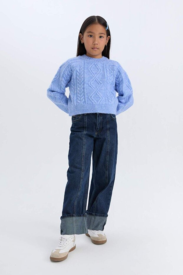 Kız Çocuk Bisiklet Yaka Saç Örgülü Triko Kazak D1361A824WN - 5