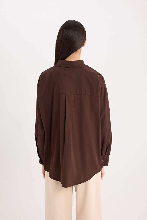 Oversize Geniş Kalıp Poplin Basic Düz Uzun Kollu Gömlek E2677AX24WN - 7
