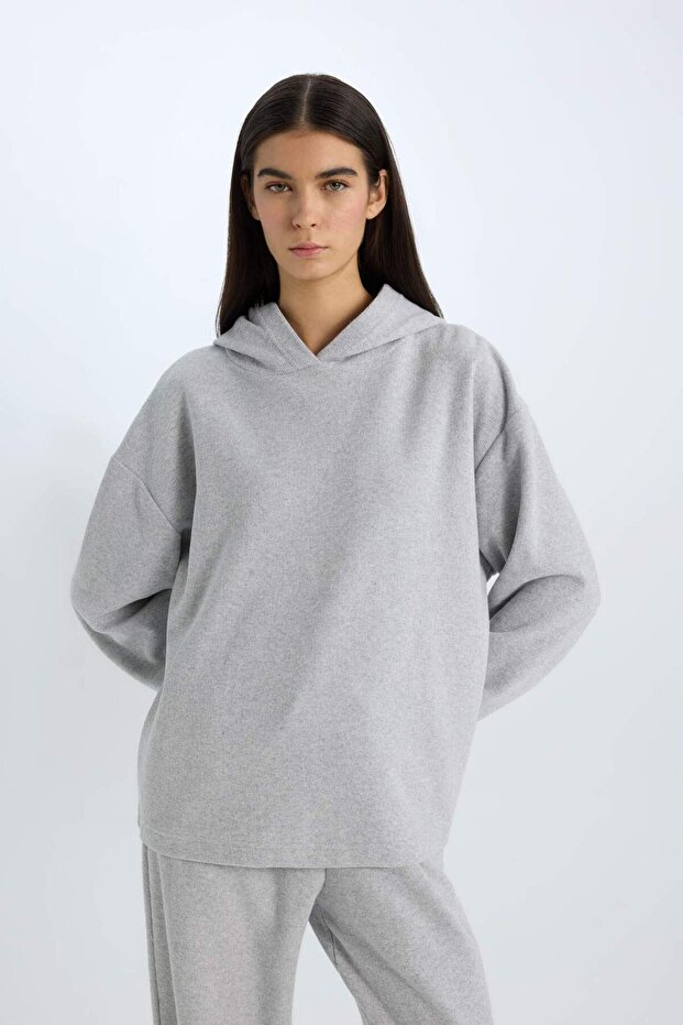Relax Fit Kapüşonlu Basic Düz Sweatshirt E1995AX24WN - 4