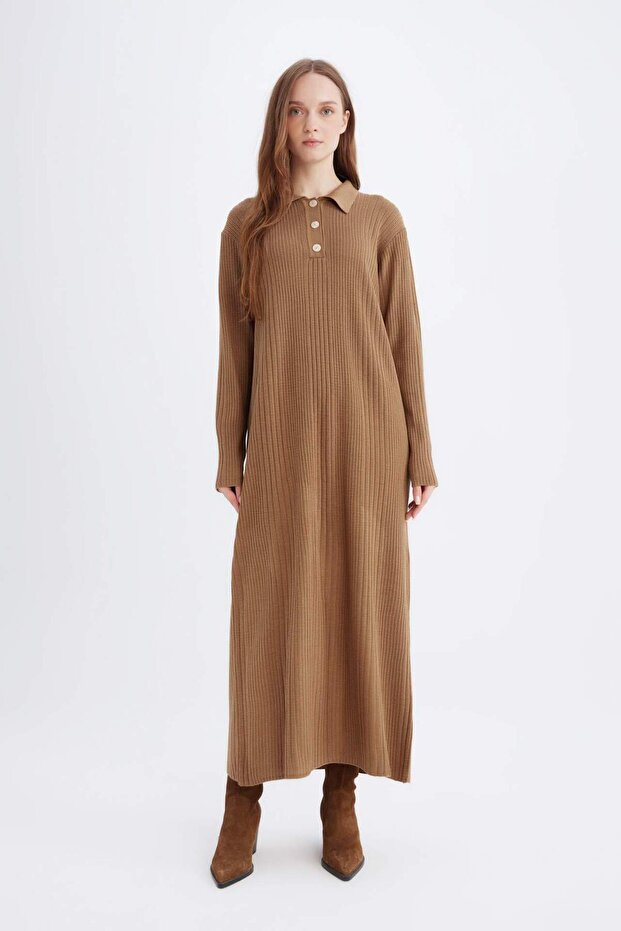 Regular Fit Polo Yaka Basic Düz Maxi Triko Elbise D5434AX24WN - 1
