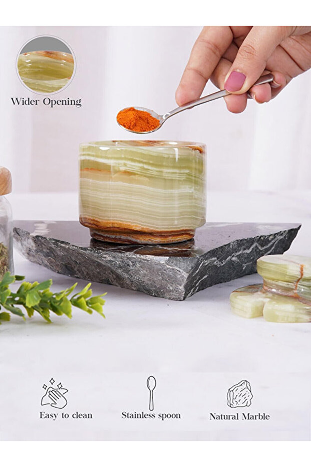 Handmade Green Onyx Marble Salt, Sugar & Spice Jar – 7.62 cm Salt Cellar with Lid & Spoon