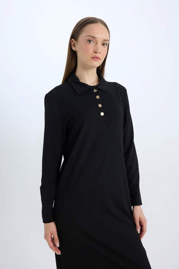 Regular Fit Gömlek Yaka Basic Düz Uzun Kollu Pike Maxi Elbise E1417AX24WN - 3