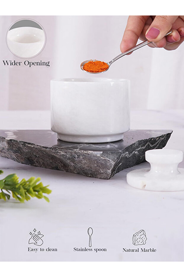 Handmade White Marble Salt, Sugar & Spice Jar – 7.62 cm Salt Cellar with Lid & Spoon