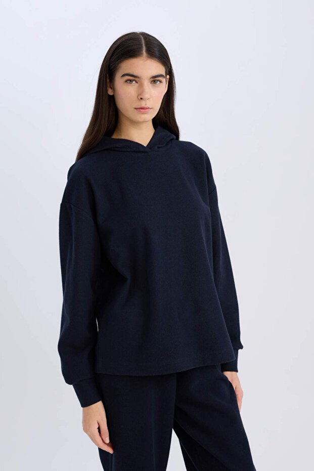 Relax Fit Kapüşonlu Basic Düz Sweatshirt E1995AX24WN - 4